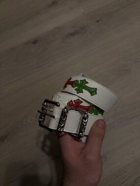 Chrome Hearts White Leather Belt with Red & Green Cross Accents